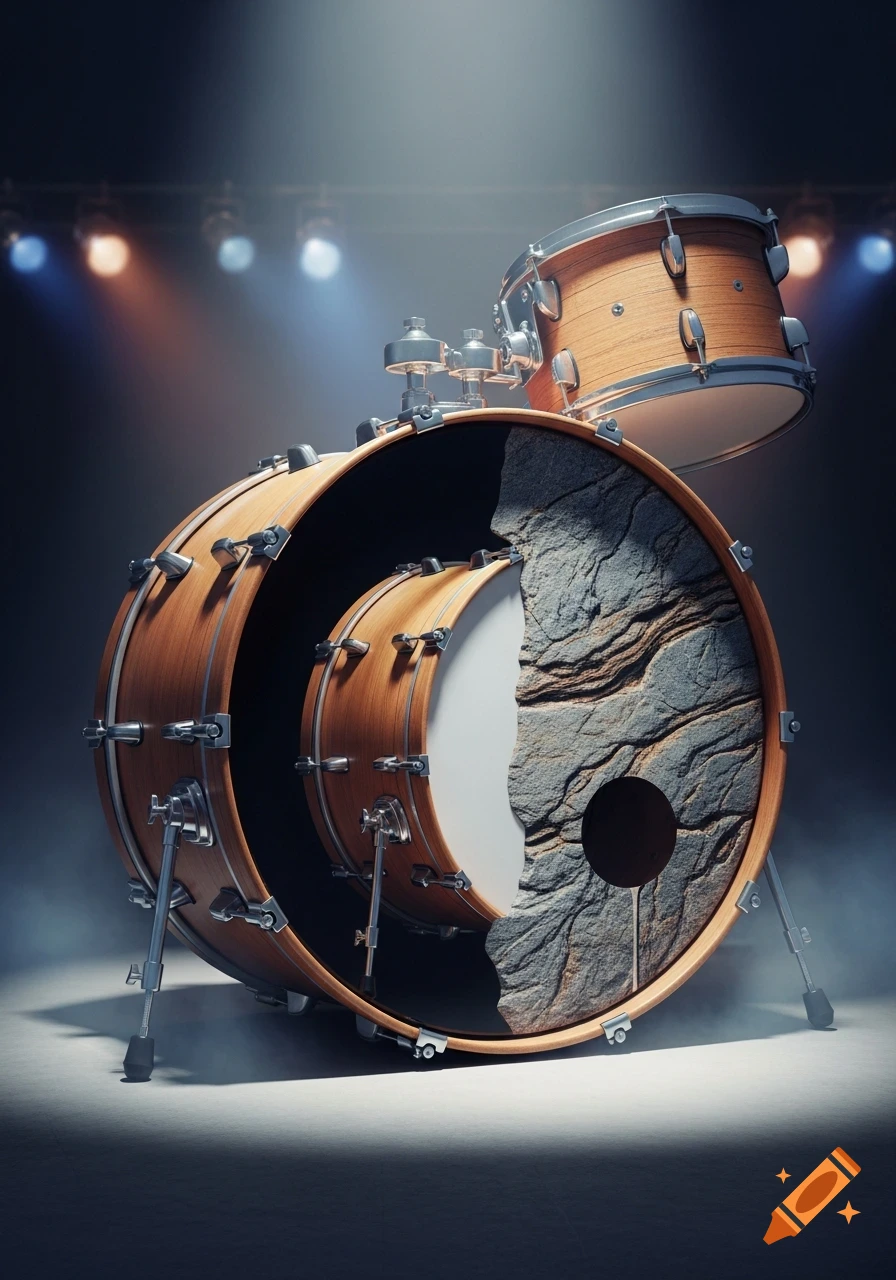 A bass drum and tom drum with wooden shells. The bass drum's front head is partly stone texture, partly revealing another drum. Stage lights illuminate.