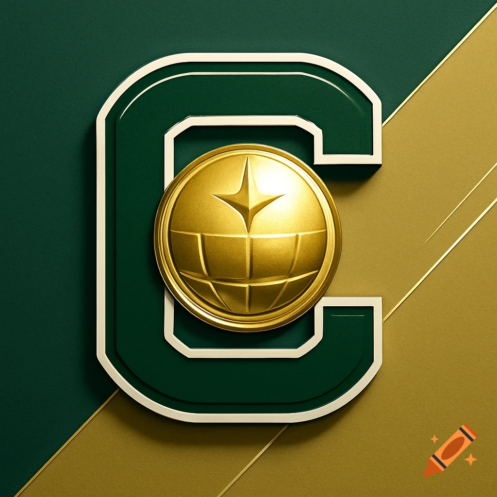 Stylized green 'C' logo with a golden circular emblem depicting a globe and a star, set against a two-tone green and gold background.