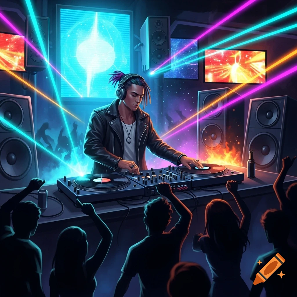 A DJ with dreadlocks and headphones mixes music on turntables in a neon-lit club, surrounded by a silhouetted dancing crowd.