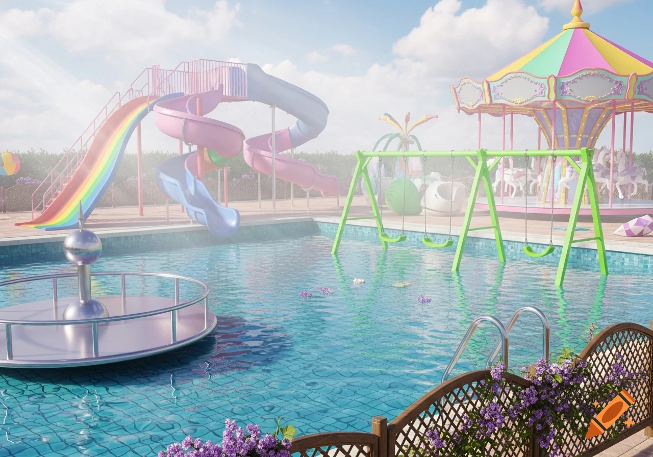 A dreamy, pastel-colored pool scene with water slides, swings, a carousel, and a fountain under a hazy sky.