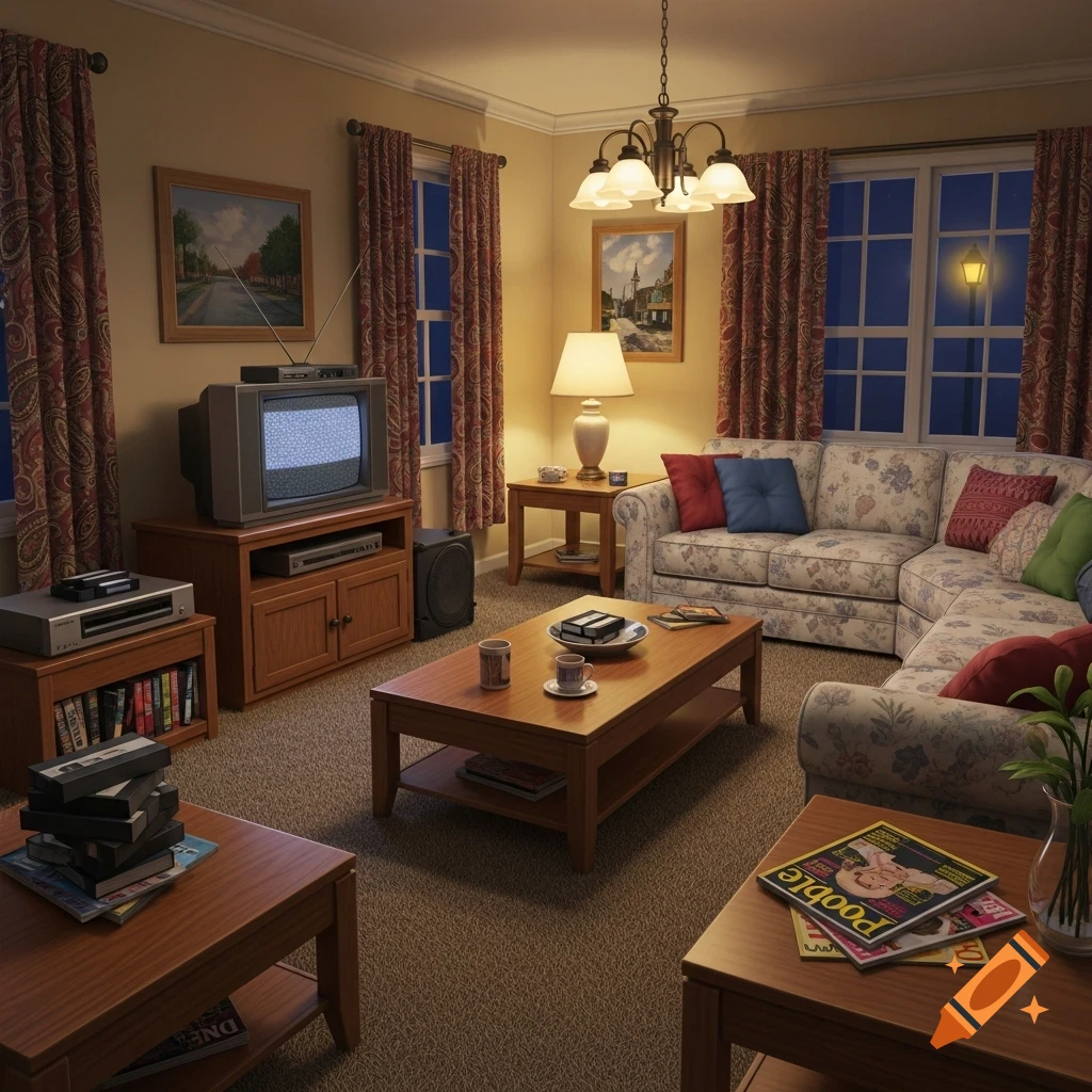 A warm, dimly lit 90s-era living room with floral couch, CRT TV, VCR, wood furniture, and windows showing a night sky.