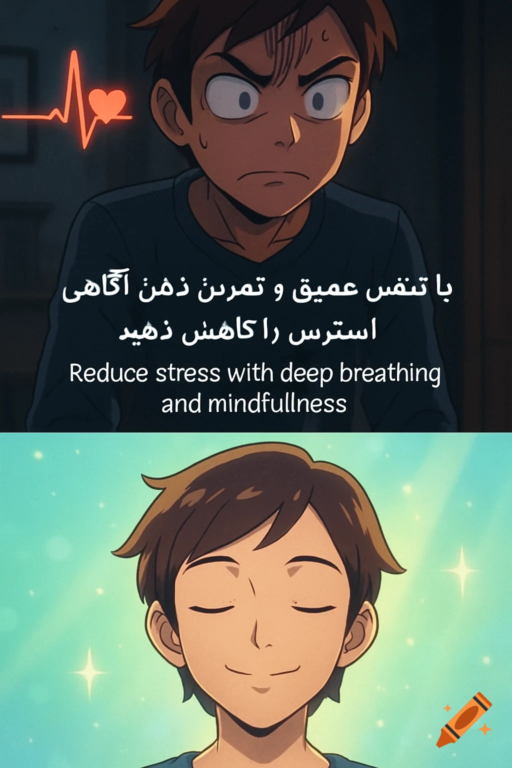 An anime character depicted in two panels: stressed with a pulsing heartbeat graphic in the top, then relaxed with eyes closed and a calm glow in the bottom. Text describes stress management.