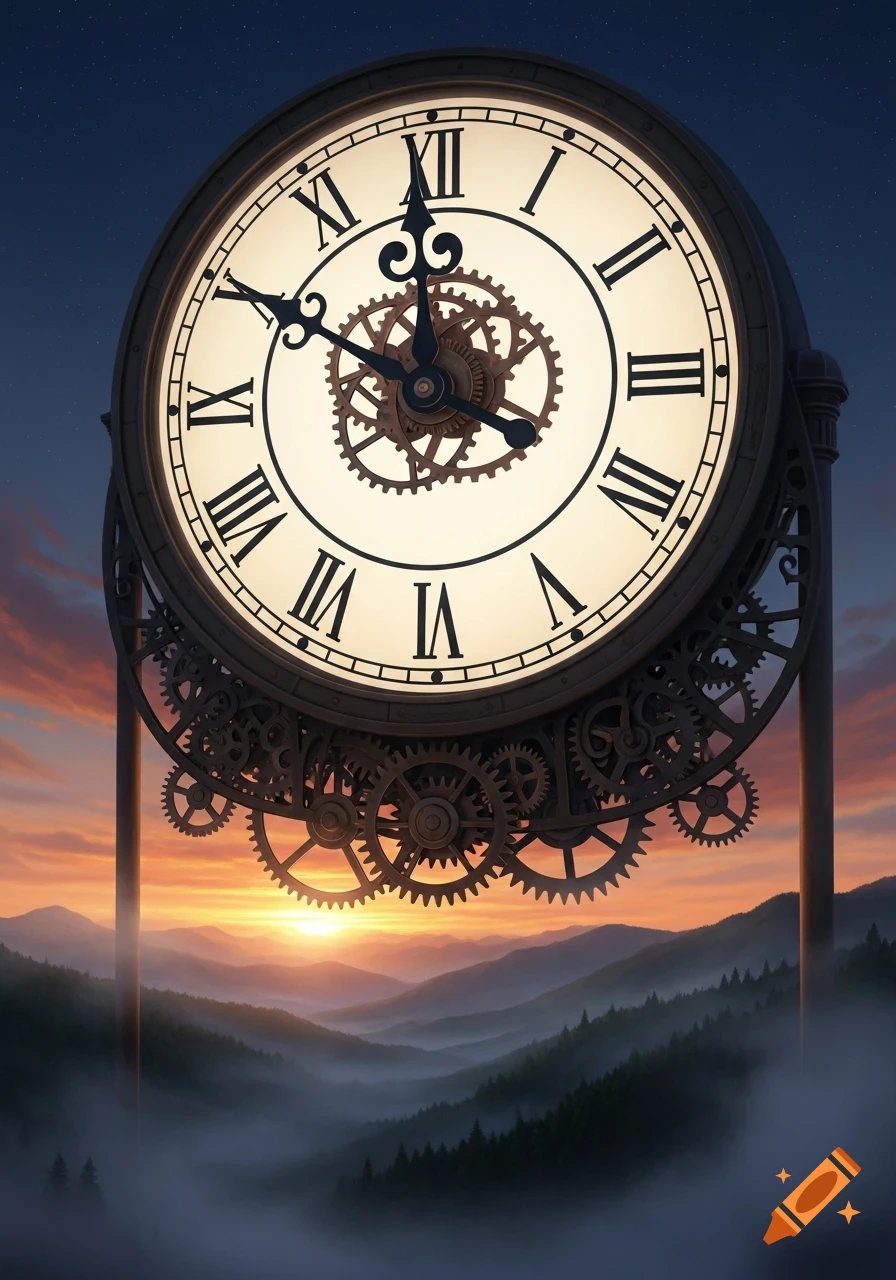 A colossal ornate clock with Roman numerals and exposed gears overlooks a misty mountain landscape at sunset.
