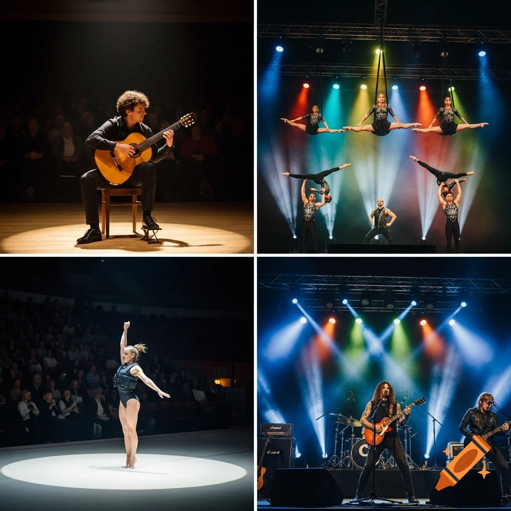 A 2x2 grid of performances. Top-left: a classical guitarist on stage. Bottom-left: a gymnast with a weighted vest on stage. Top-right: acrobatic gymnasts performing. Bottom-right: a rock band on stage.