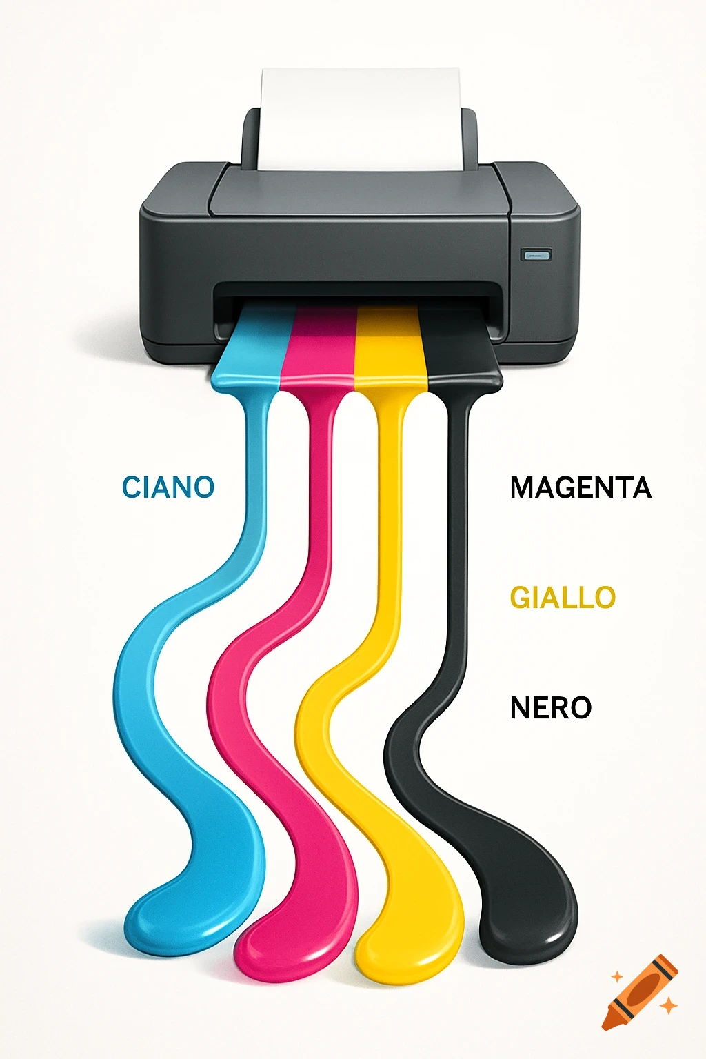 A grey printer with paper, producing wavy streams of cyan, magenta, yellow, and black ink, labeled in Italian.