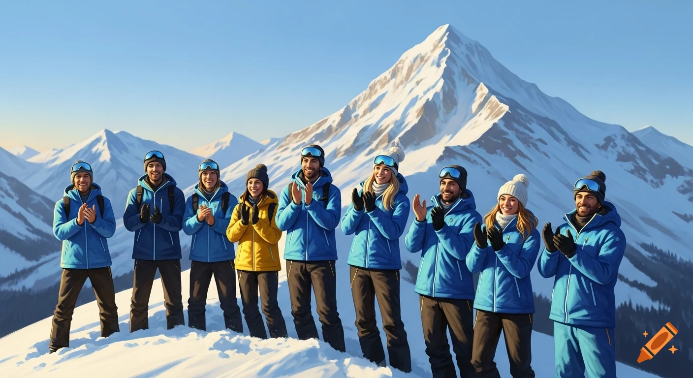 A group of happy skiers in blue and yellow jackets clap on a snowy mountain peak with a vast mountain range in the background.