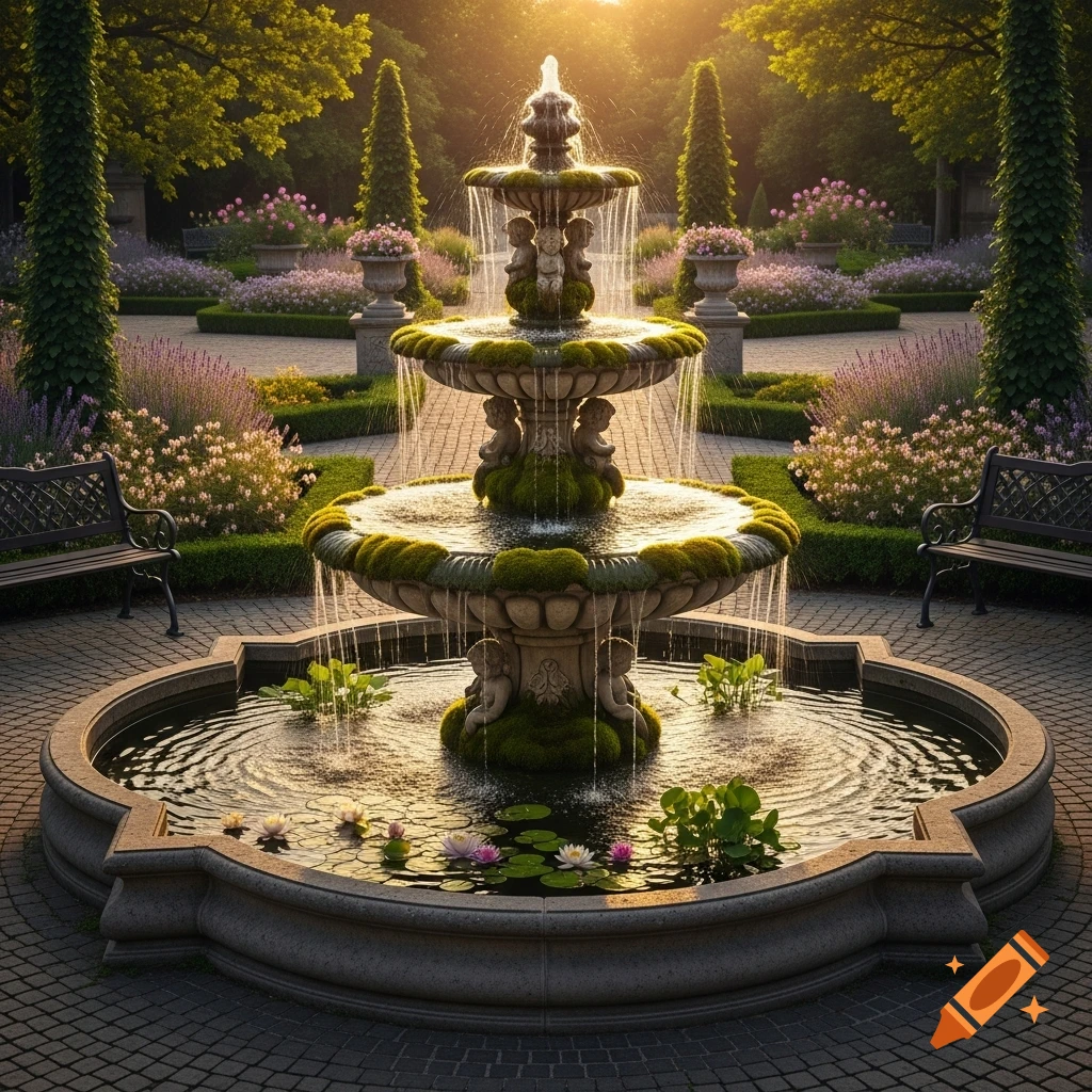 A grand moss-covered three-tiered stone fountain with cherubs, flowing water, and lily pads in a lush, sunlit garden with flowers, trees, and benches.