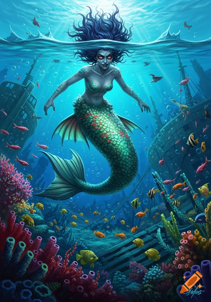 A creepy mermaid with red eyes and dark hair floats underwater among coral reefs, colorful fish, and sunken shipwrecks.