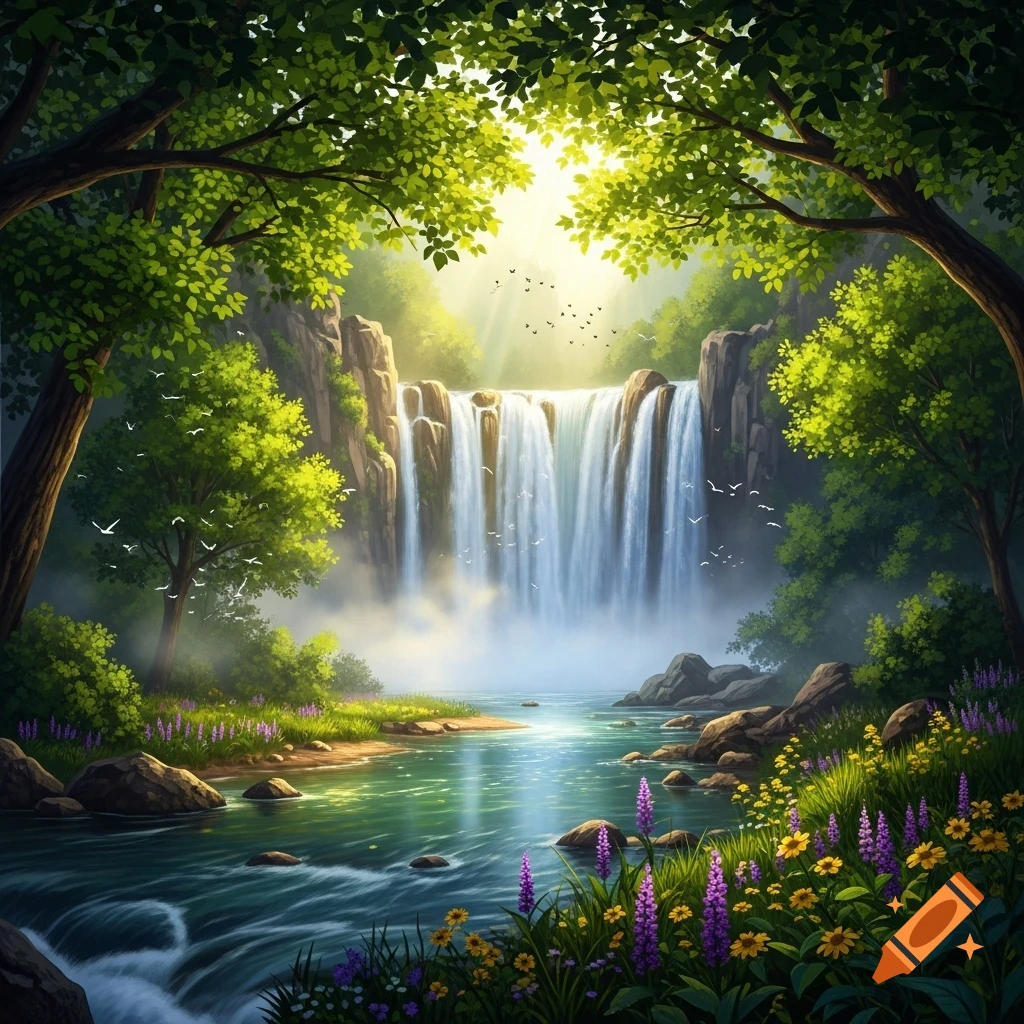 Vibrant digital painting of a majestic waterfall flowing into a river amidst lush green trees and colorful wildflowers under a sunny sky.