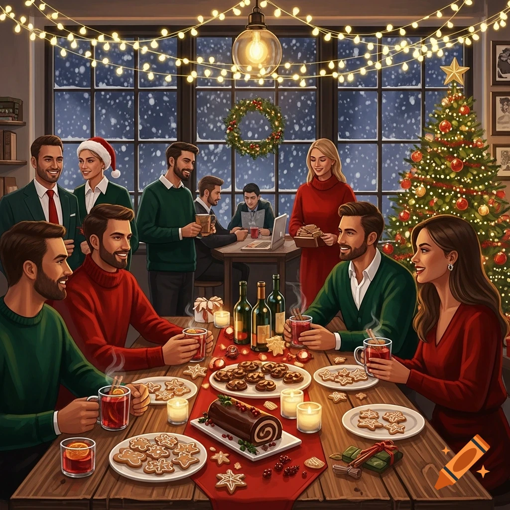 A group of people celebrating a Christmas party around a table filled with festive food and drinks, with a decorated Christmas tree and snowing window in the background.
