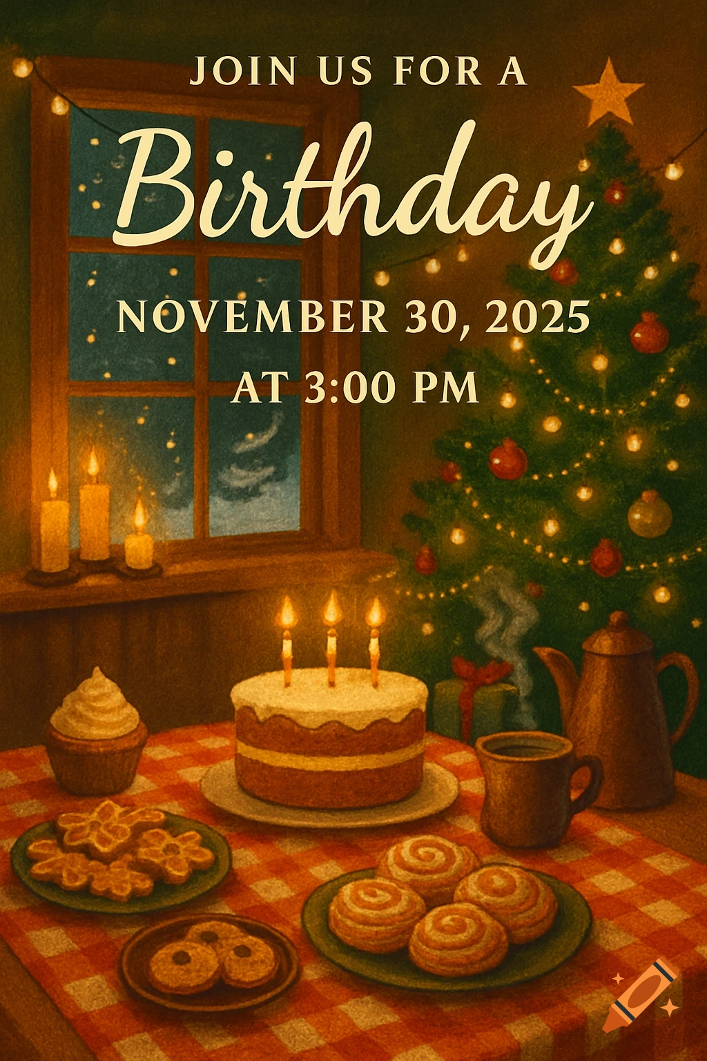 An illustrated birthday invitation showing a festive table with cake, cookies, and hot drinks, next to a window and a Christmas tree.