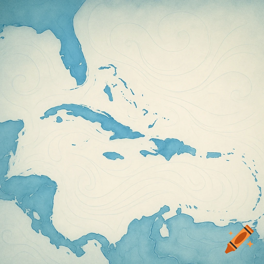 Watercolor map of the Caribbean, Central America, Florida, and northern South America in blue on a cream background with swirling lines.