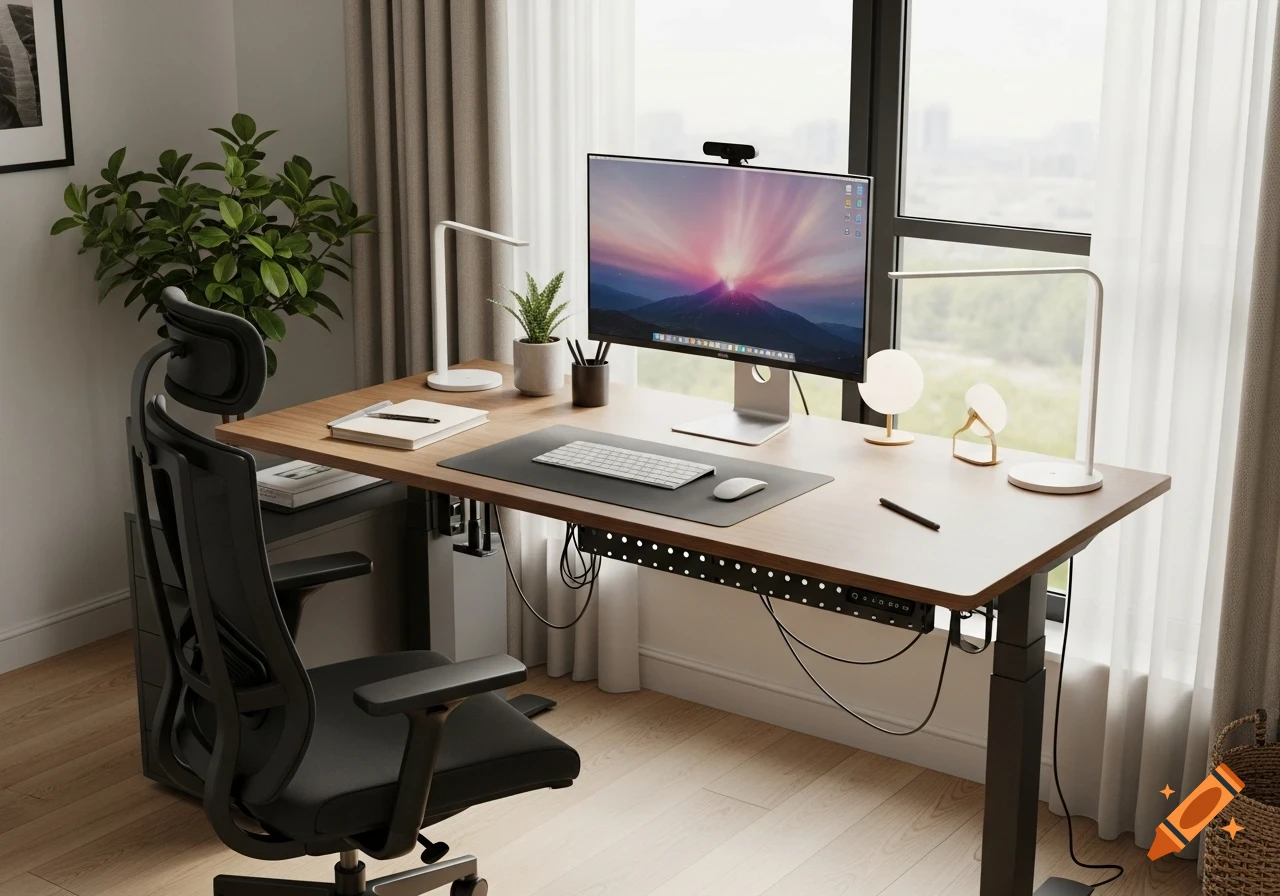 A modern, minimalist home office features a wooden height-adjustable desk with a large monitor, black ergonomic chair, and green plants.
