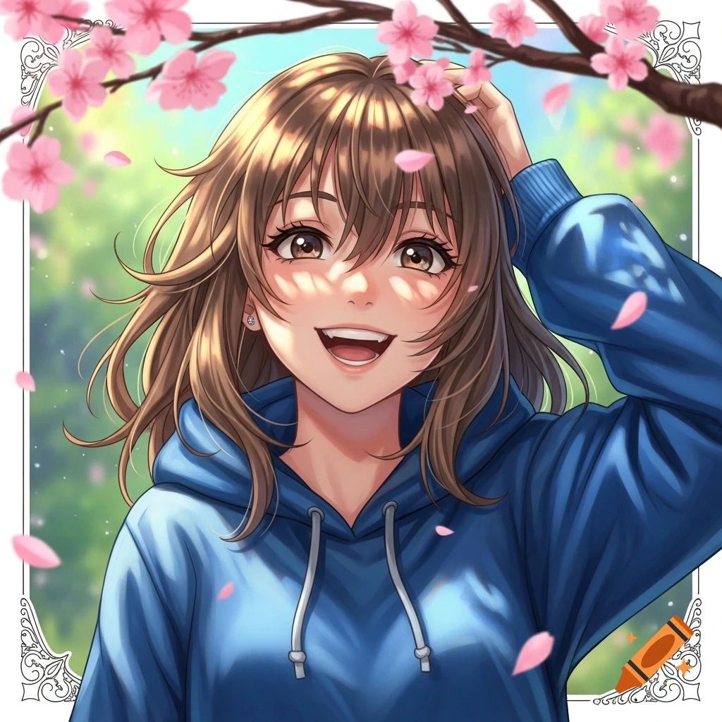 Smiling anime girl with brown hair and light brown eyes in a blue hoodie under falling cherry blossoms.