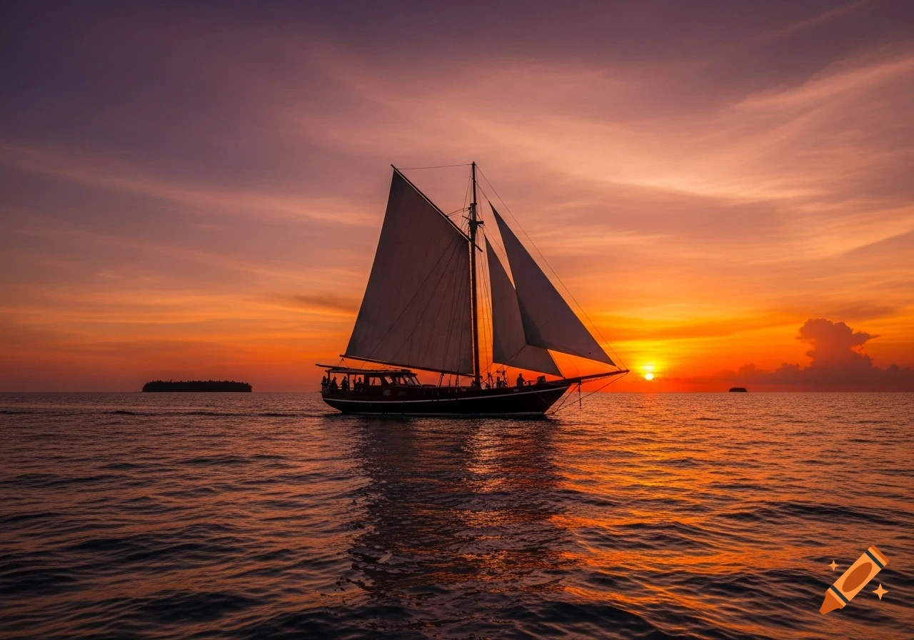 A sailboat with white sails silhouetted against a vibrant orange and purple sunset over the ocean.
