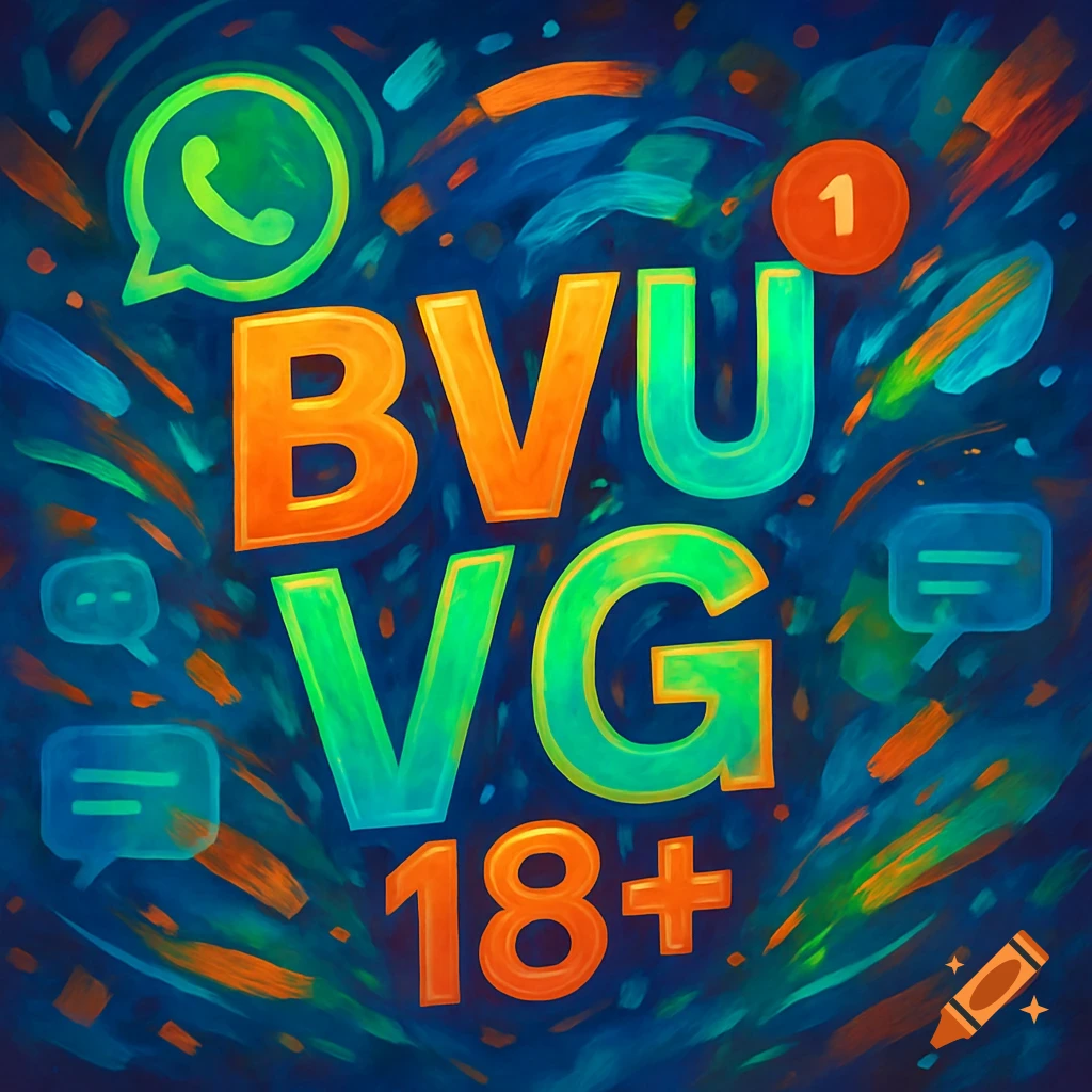 A vibrant, colorful graphic with the text 'BVU VG 18+' in orange and green, surrounded by abstract brushstrokes and social media icons, including a WhatsApp logo.