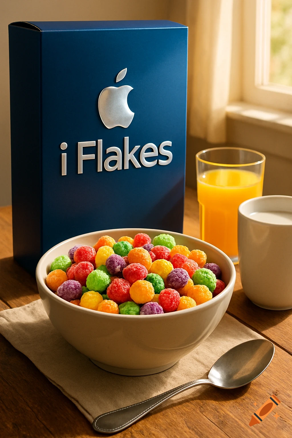A blue 'i Flakes' cereal box with an Apple logo next to a bowl of colorful cereal, orange juice, and milk on a wooden table.