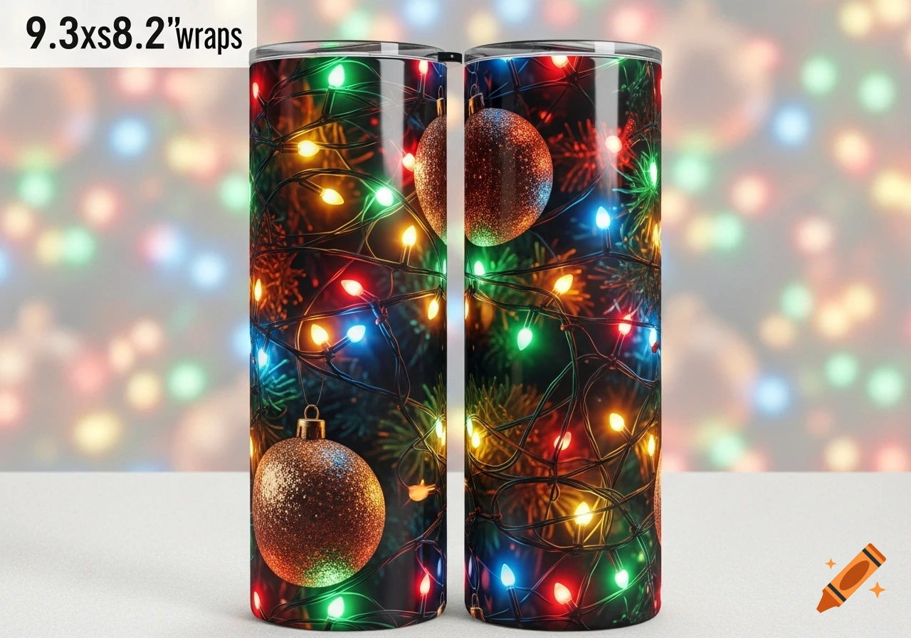 Two seamless tumbler wrap designs featuring a pattern of colorful Christmas string lights and sparkling gold ornaments on a dark background.