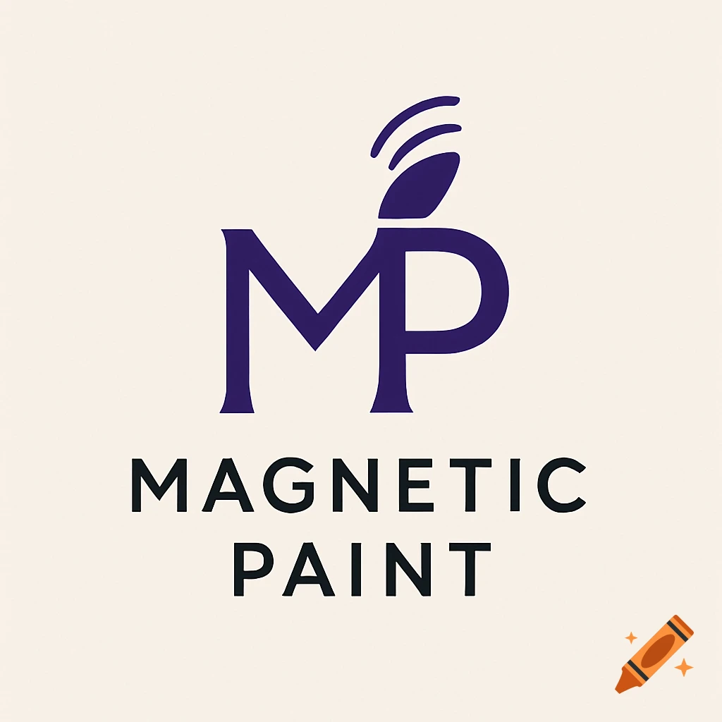 Minimalist logo for Magnetic Paint, featuring stylized purple 'MP' initials with a wave icon and black text on a light background.