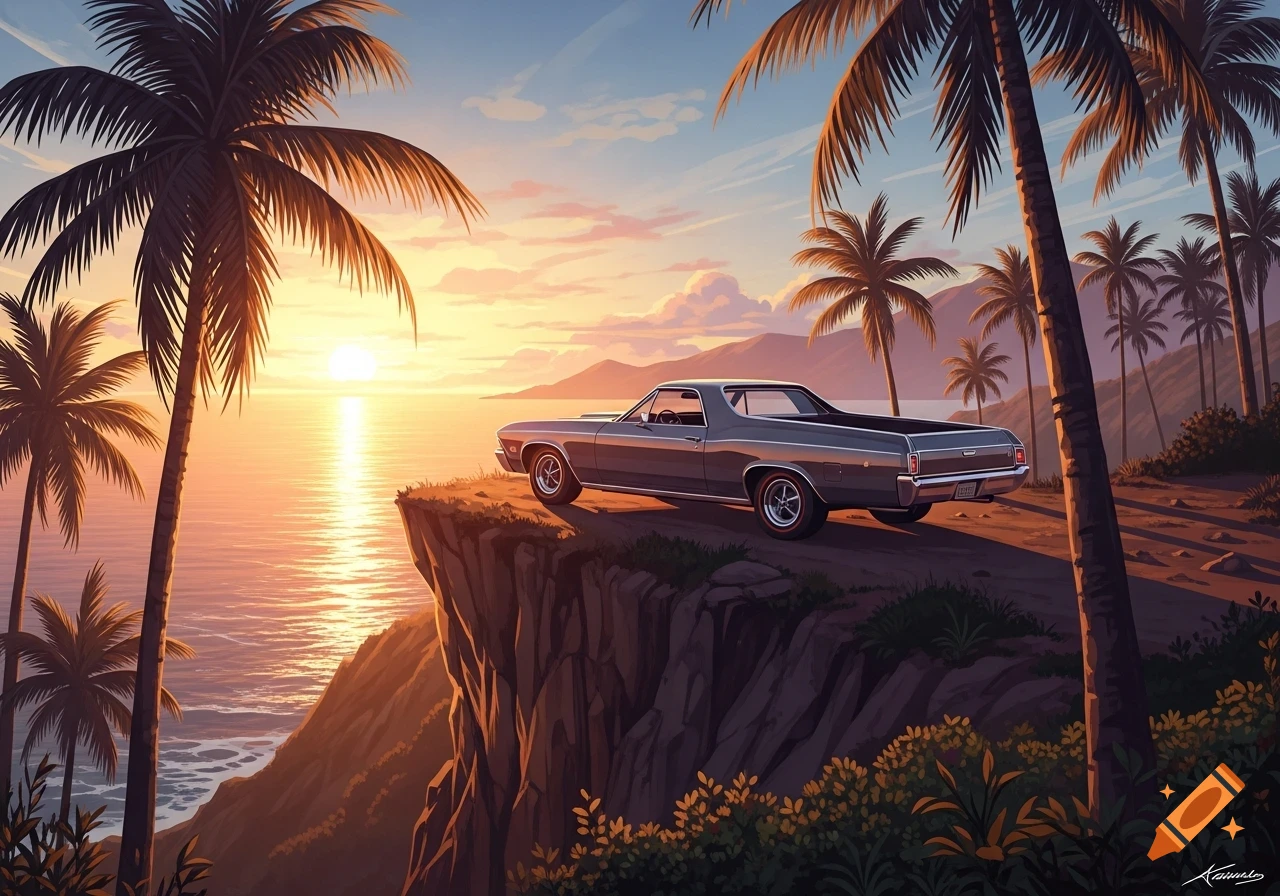 A classic gray El Camino parked on a cliff overlooking a tropical ocean at sunset, with palm trees framing the scene in a vibrant illustration style.