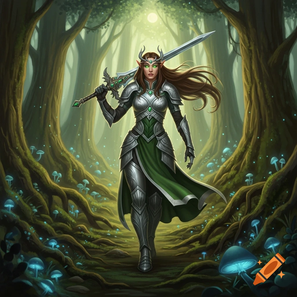 A female elf warrior in silver and green armor holding a sword, walking through a magical forest with glowing mushrooms.
