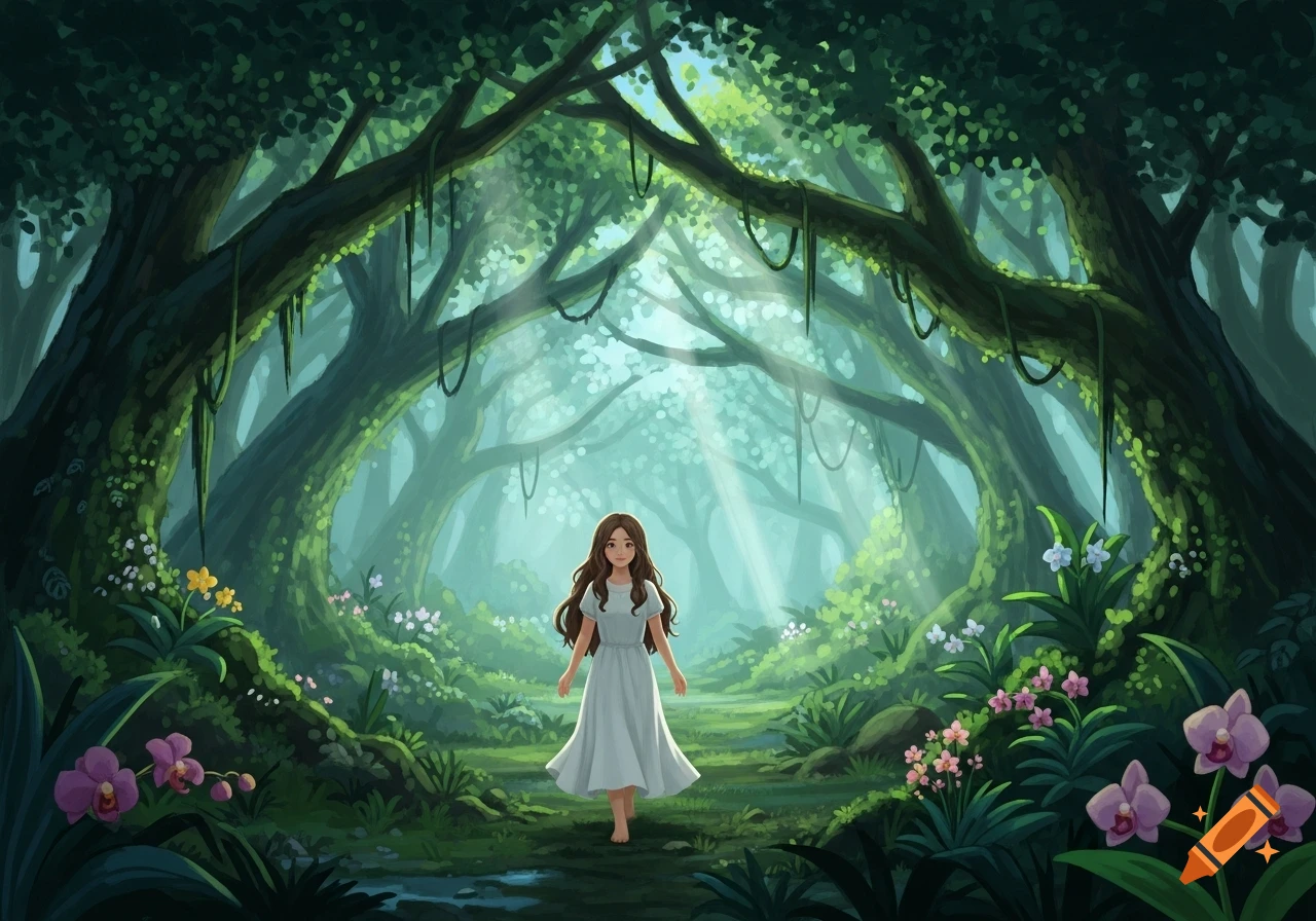 A young girl with long brown hair walks barefoot in a lush, magical ...