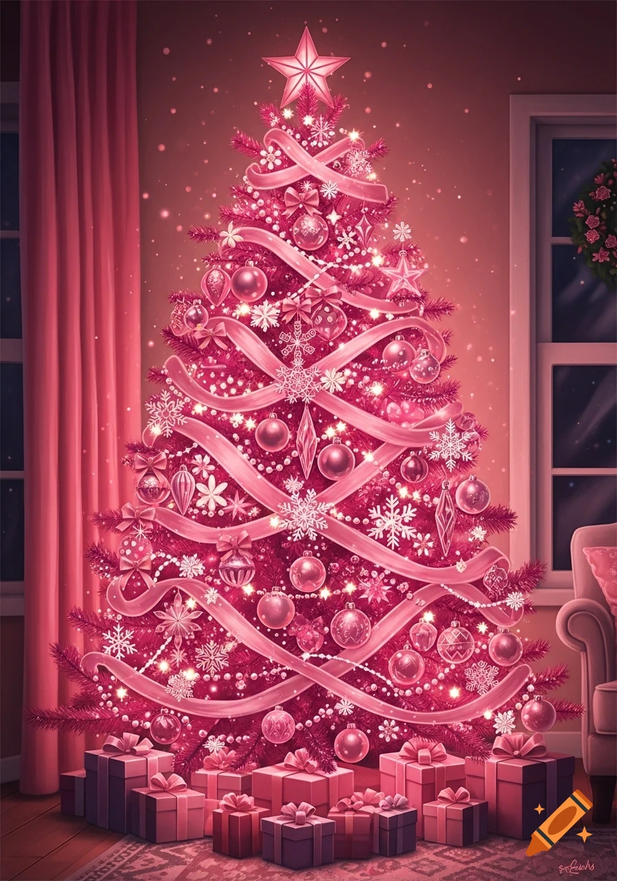 A vibrant pink Christmas tree adorned with lights, ribbons, and ornaments, topped with a star, surrounded by wrapped gifts in a warm room.