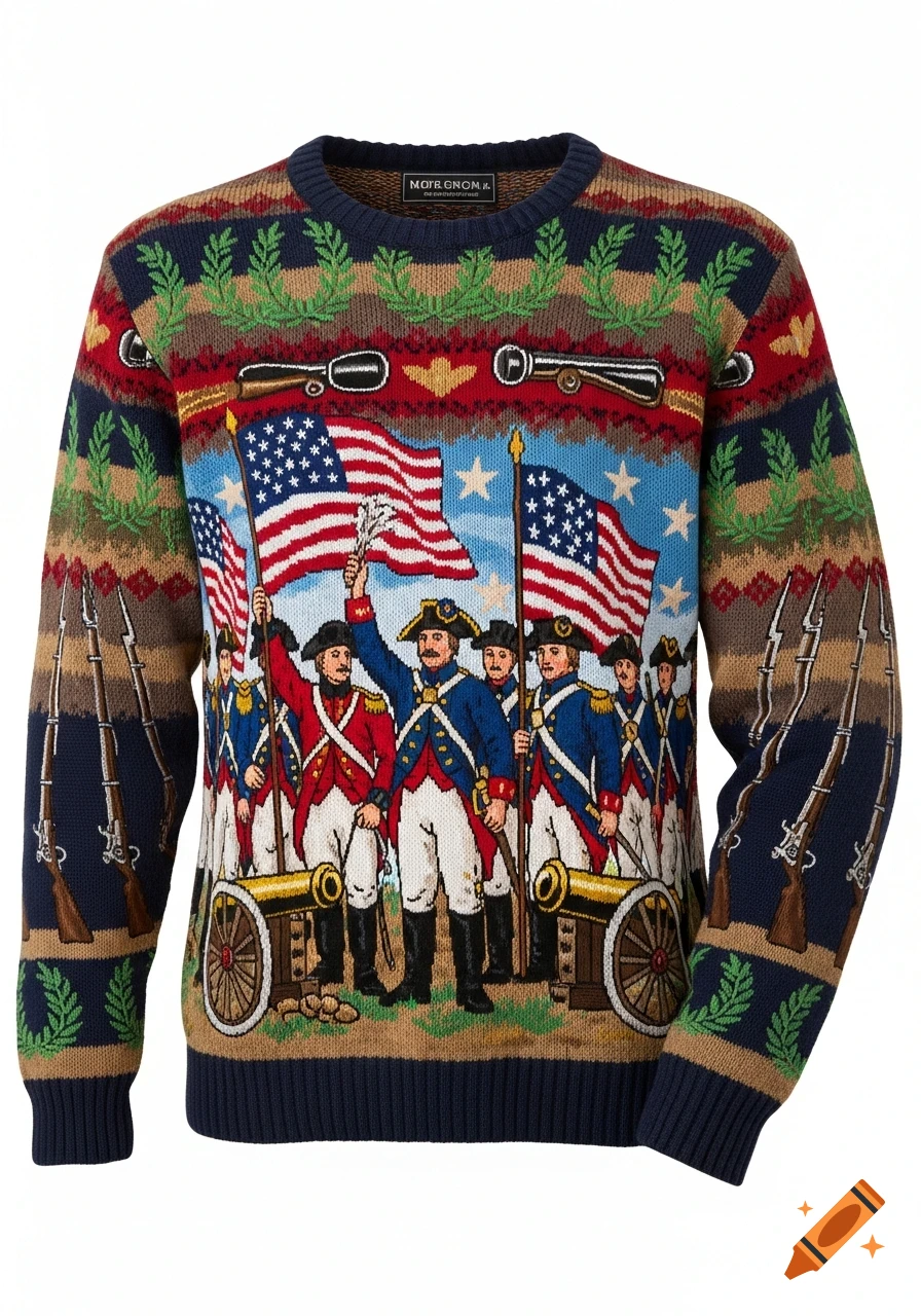 An ugly sweater depicting American Revolution soldiers holding American flags and cannons, with rifles and laurel patterns.