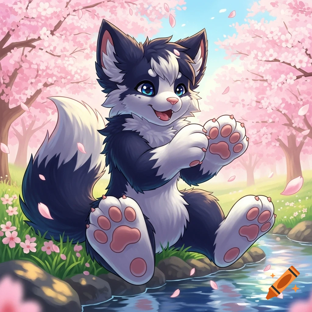 Cute husky-like furry character with big paws sitting by a stream in a cherry blossom garden, anime cartoon style.
