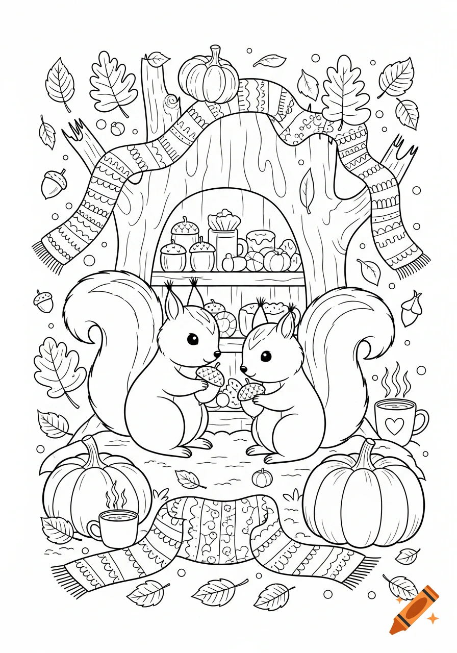 Line art coloring page of two cute squirrels holding acorns in a fall setting with pumpkins, leaves, scarves, and mugs around a hollow tree.