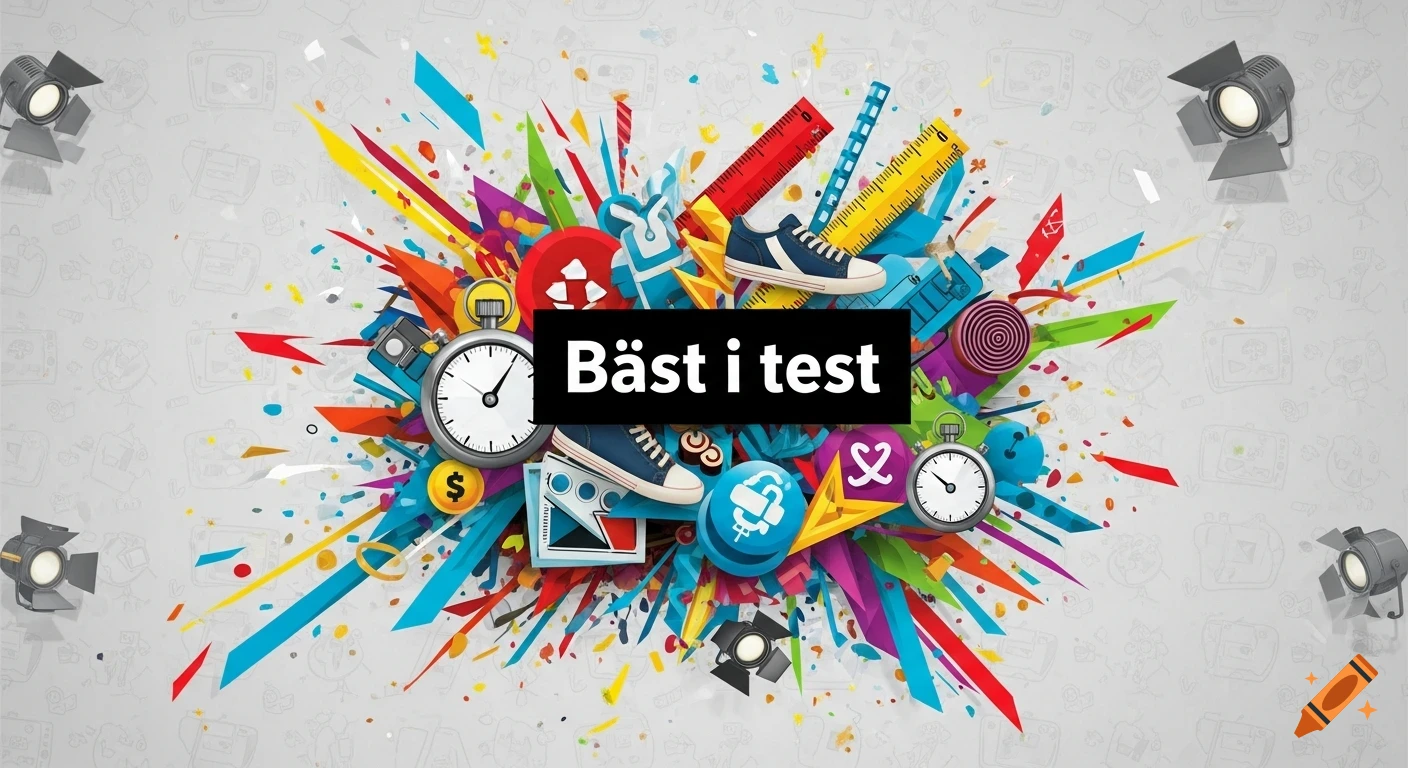 Vibrant, abstract illustration with an explosion of colorful shapes, stopwatches, rulers, shoes, and spotlights, featuring 'Bäst i test' text.