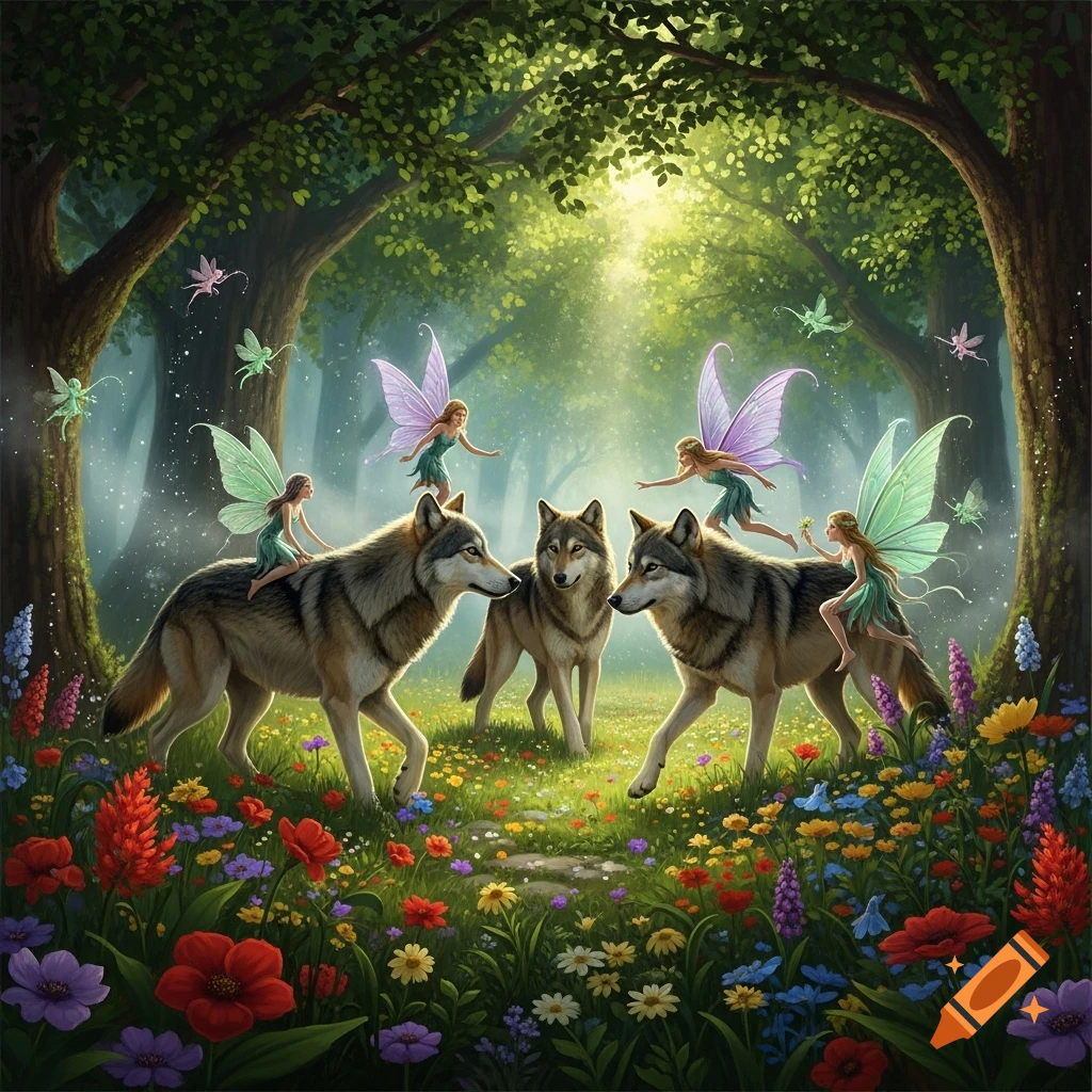 Several wolves and fairies playing together in a vibrant, sunlit, flowery forest.