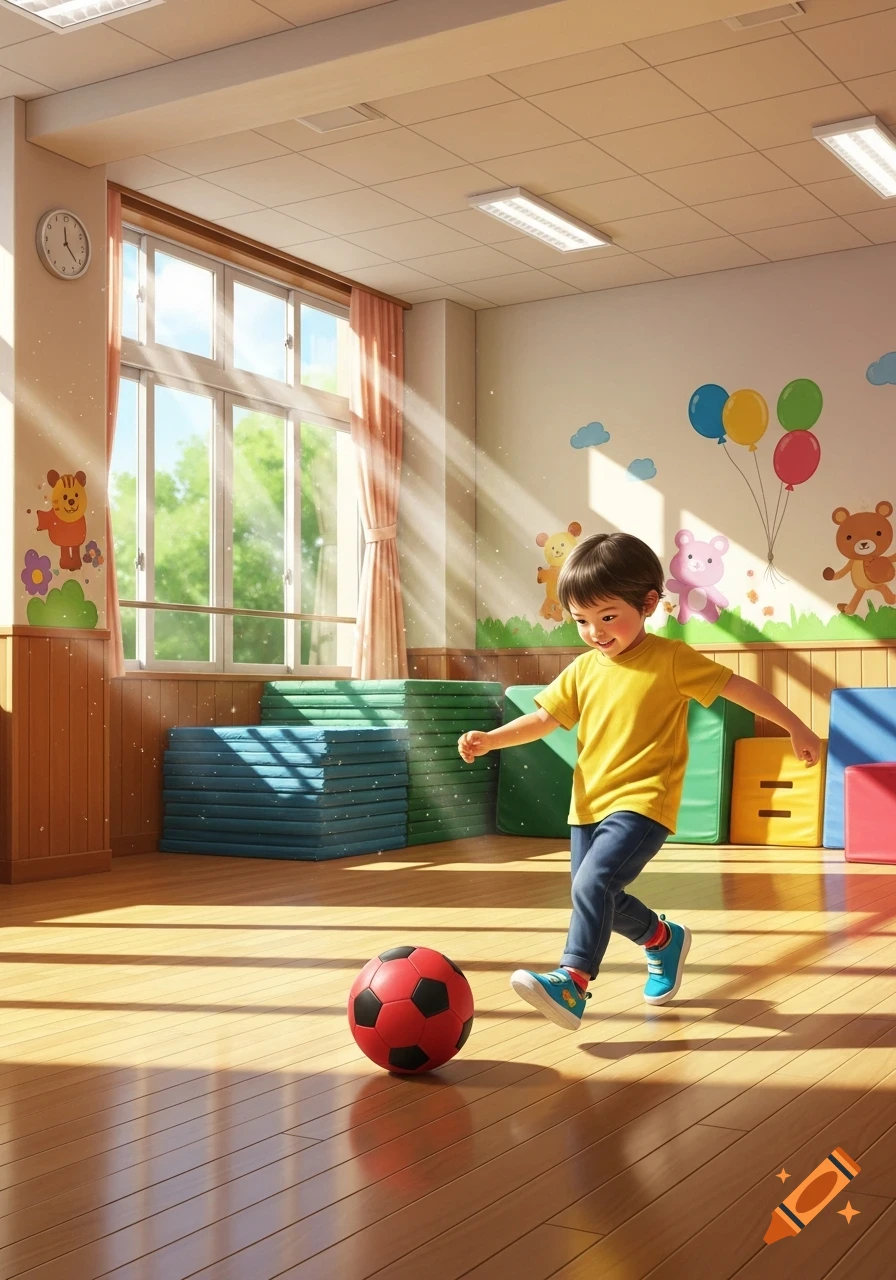 A child kicks a red soccer ball in a brightly lit kindergarten playroom with colorful wall decals and play mats.