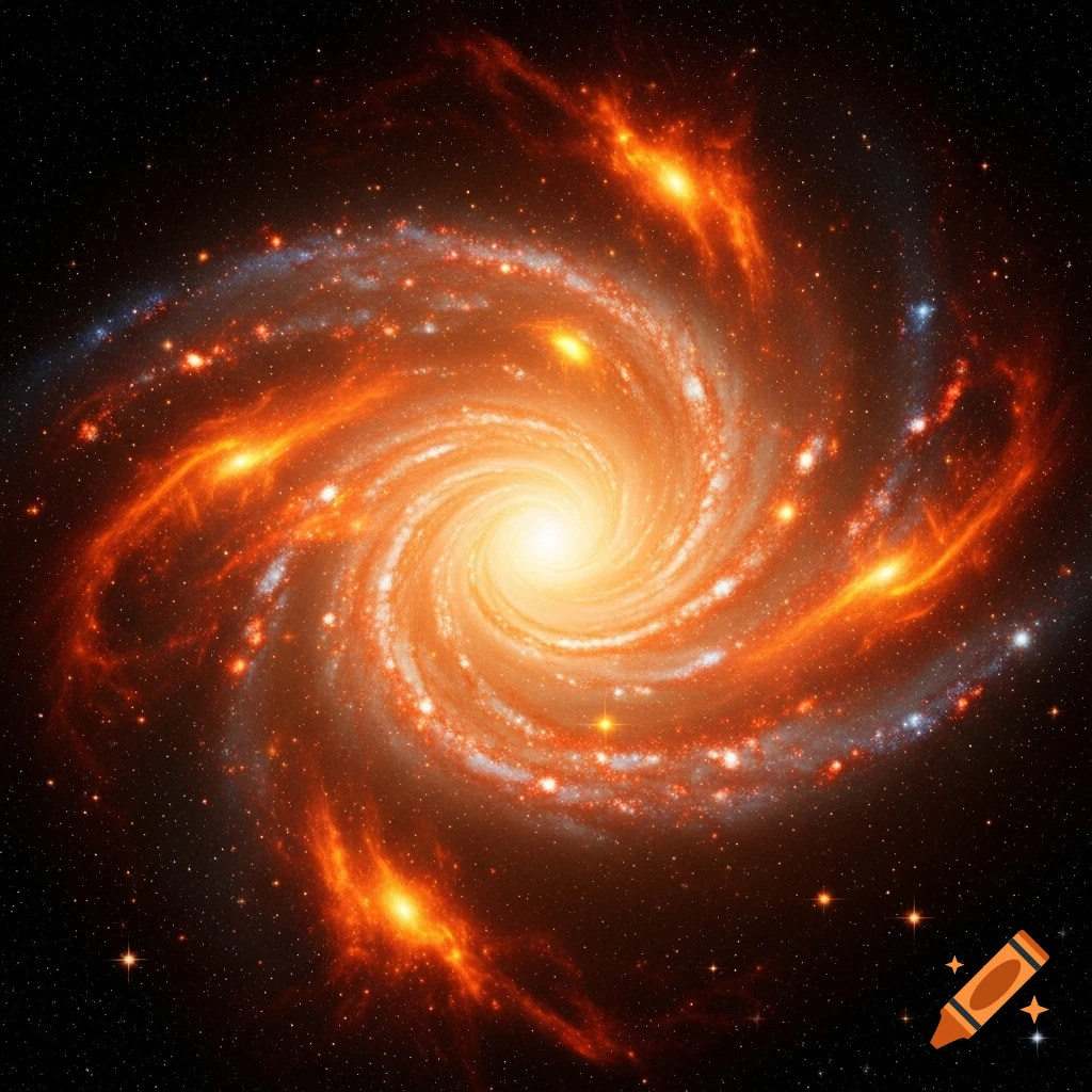 A vibrant spiral galaxy glowing with orange and yellow hues against a dark, star-filled cosmic background.