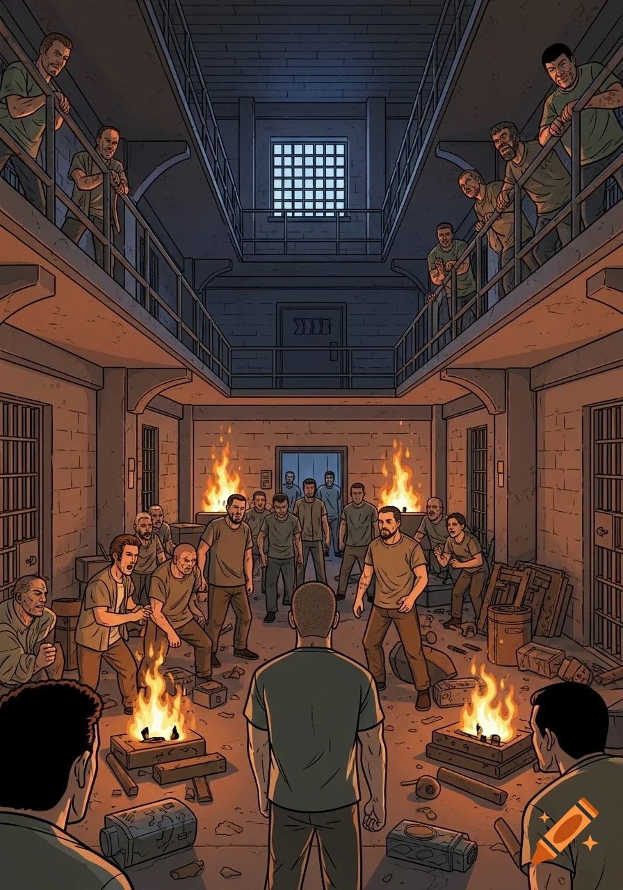 Comic book style illustration of a prison riot with prisoners yelling, fires, and overturned barricades in a multi-story cell block.