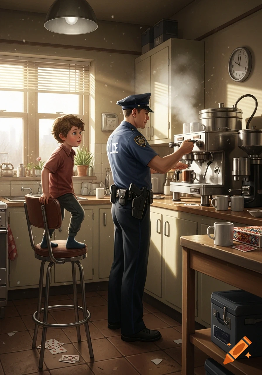 A cartoonish police officer in uniform makes coffee at a machine in a sunlit kitchen, while a young boy watches from a stool.