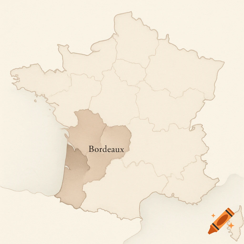 A sepia-toned, stylized map of France with the Bordeaux region highlighted and the word 'Bordeaux' written.