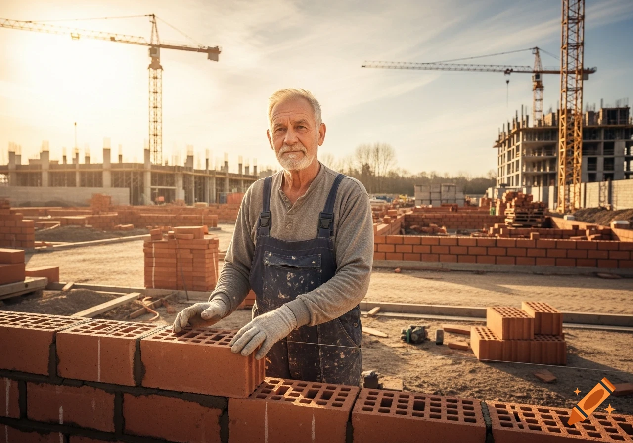 An elderly mason in overalls and gloves lays bricks at a sunny construction site with cranes and buildings in the background.