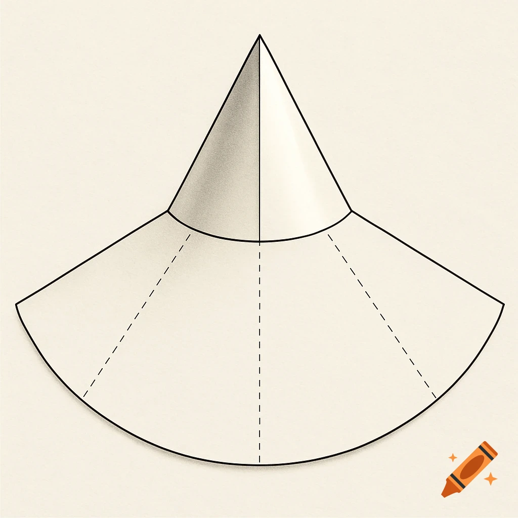 A 2D geometric template for folding a cone, showing a sector of a circle with dashed fold lines and a shaded 3D cone at the top.