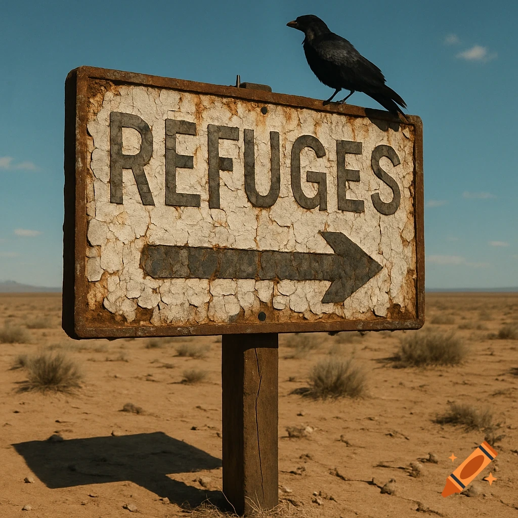 A weathered sign with 'REFUGES' and an arrow points right in a vast desert landscape, with a black crow perched on top.