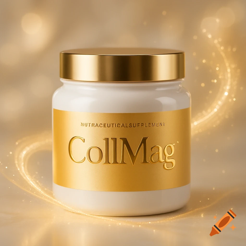 A white CollMag nutraceutical supplement jar with a gold label and cap, surrounded by golden light trails, on a blurred golden background.