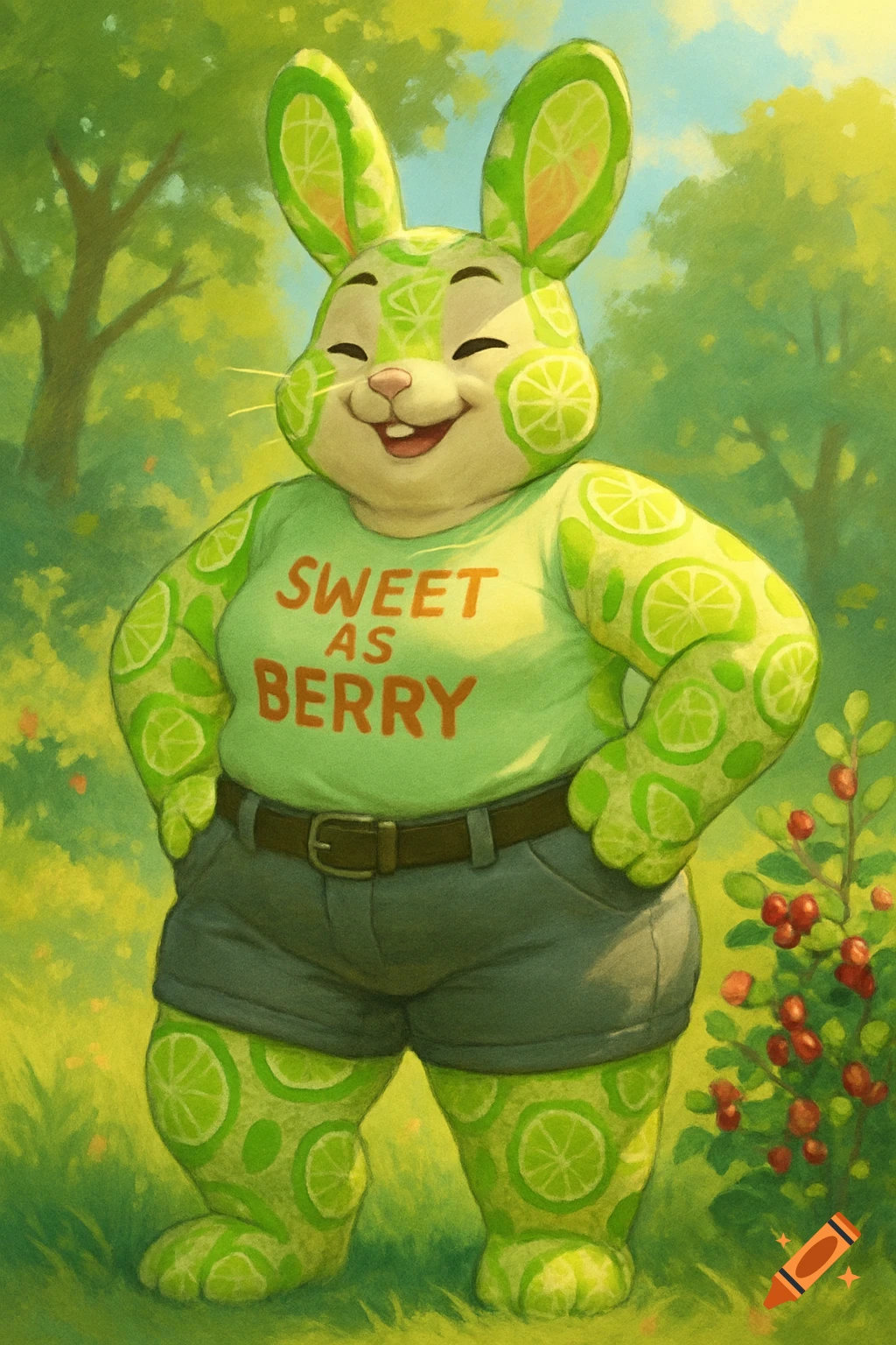 A smiling, lime-patterned bunny furry wearing a 'Sweet as Berry' T-shirt and grey shorts, standing in a vibrant green outdoor setting with a berry bush.