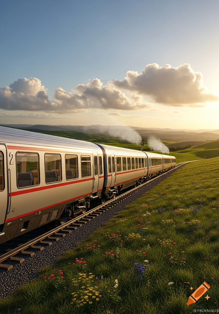 A silver train with red stripes travels through a vibrant green, flower-filled landscape at sunset under a cloudy sky.