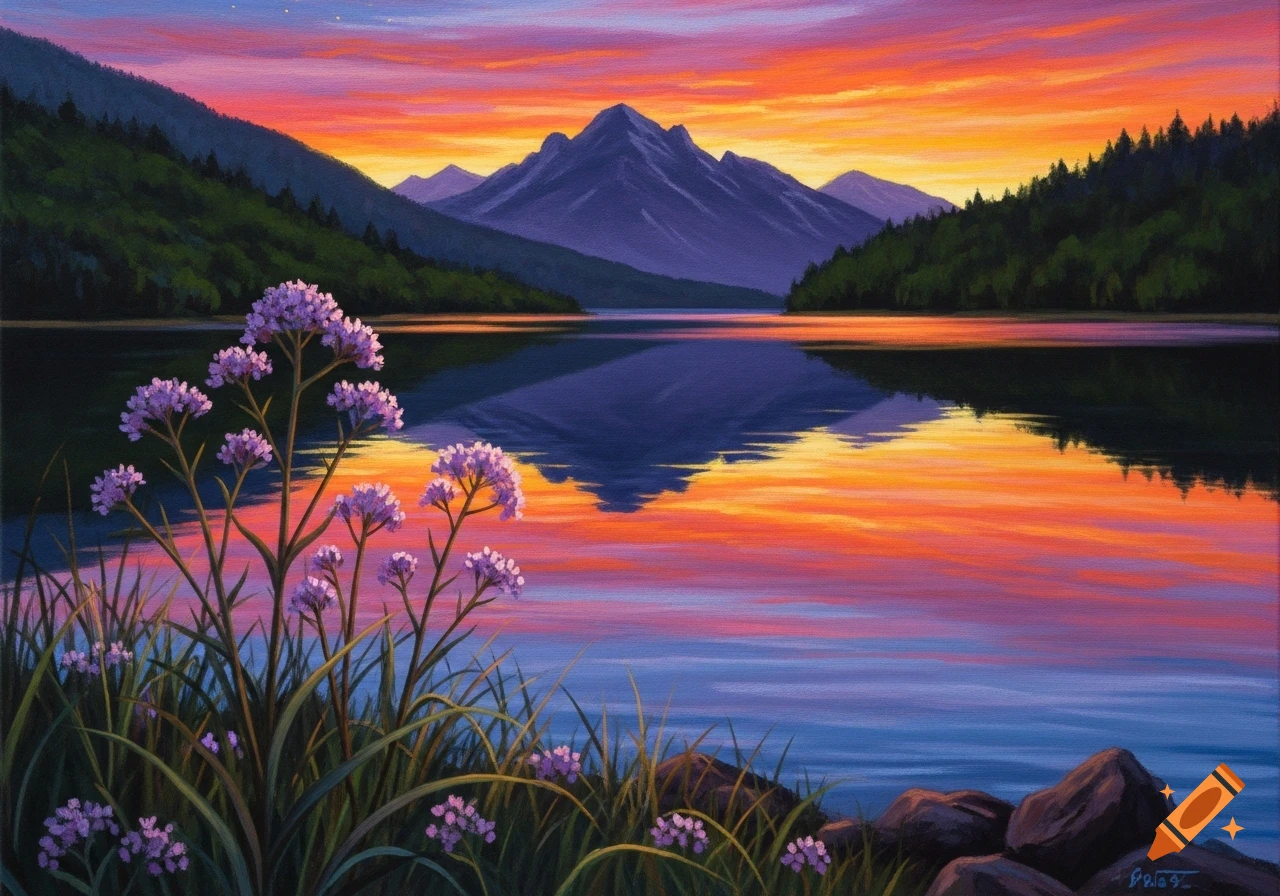 A vibrant painting of a sunset over a calm lake, with purple mountains ...