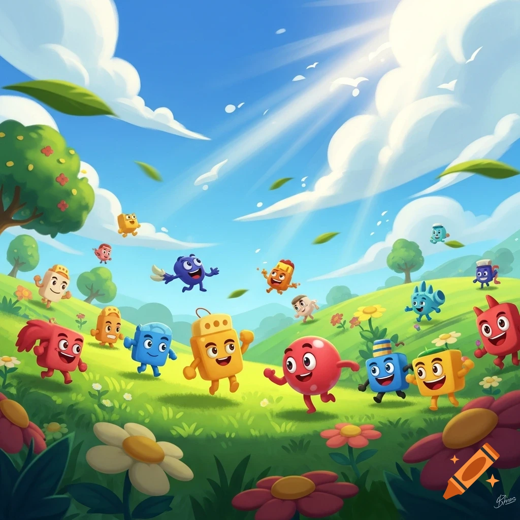 Colorful cartoon characters run and float across a sunny, green rolling hill landscape with flowers, trees, and blue sky.