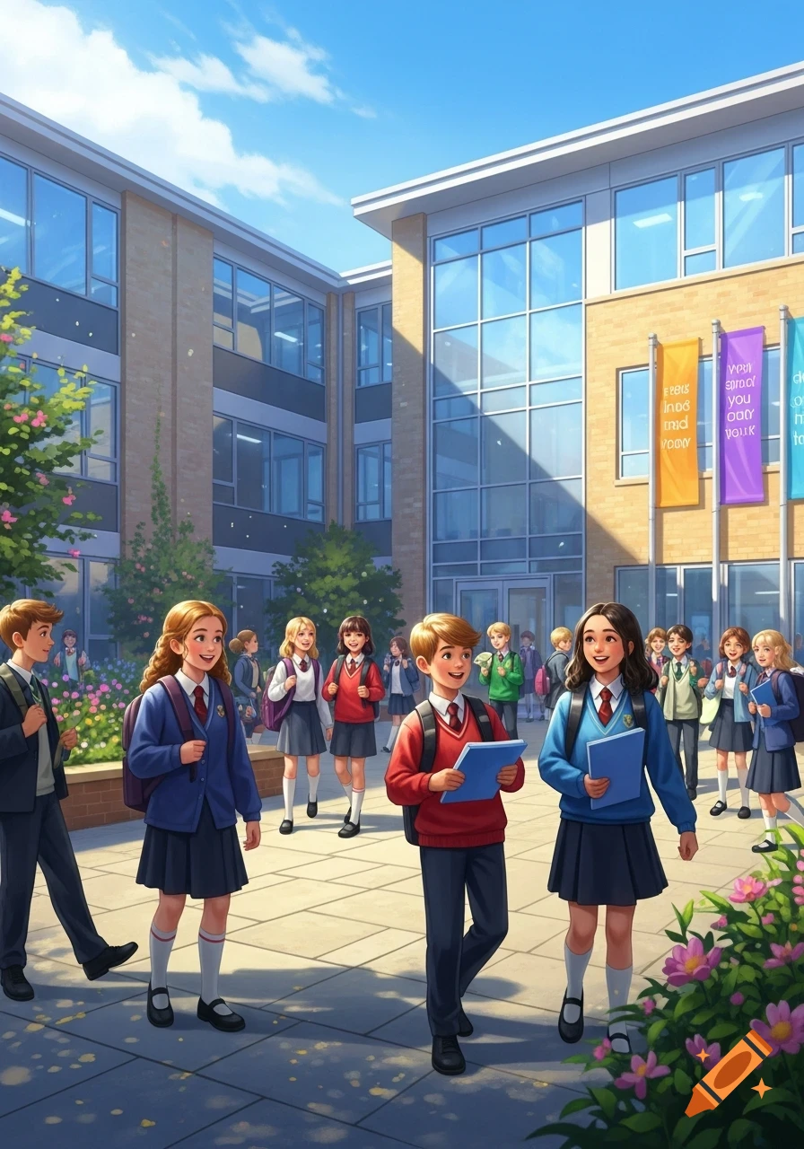 Students in uniform walk outside a modern school building under a clear blue sky, in an illustration style.