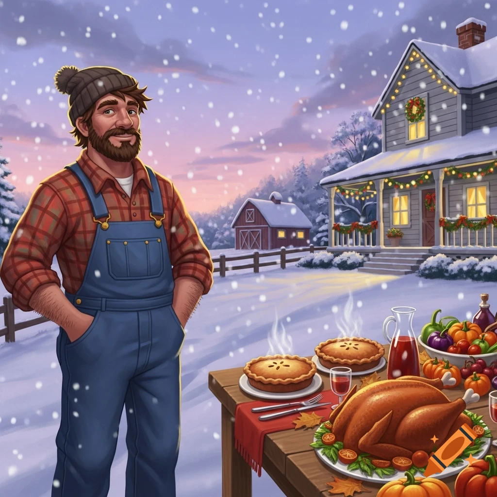 Cartoon farmer in a snowy landscape with a festive house and a table full of Thanksgiving food like turkey, pies, and pumpkins.