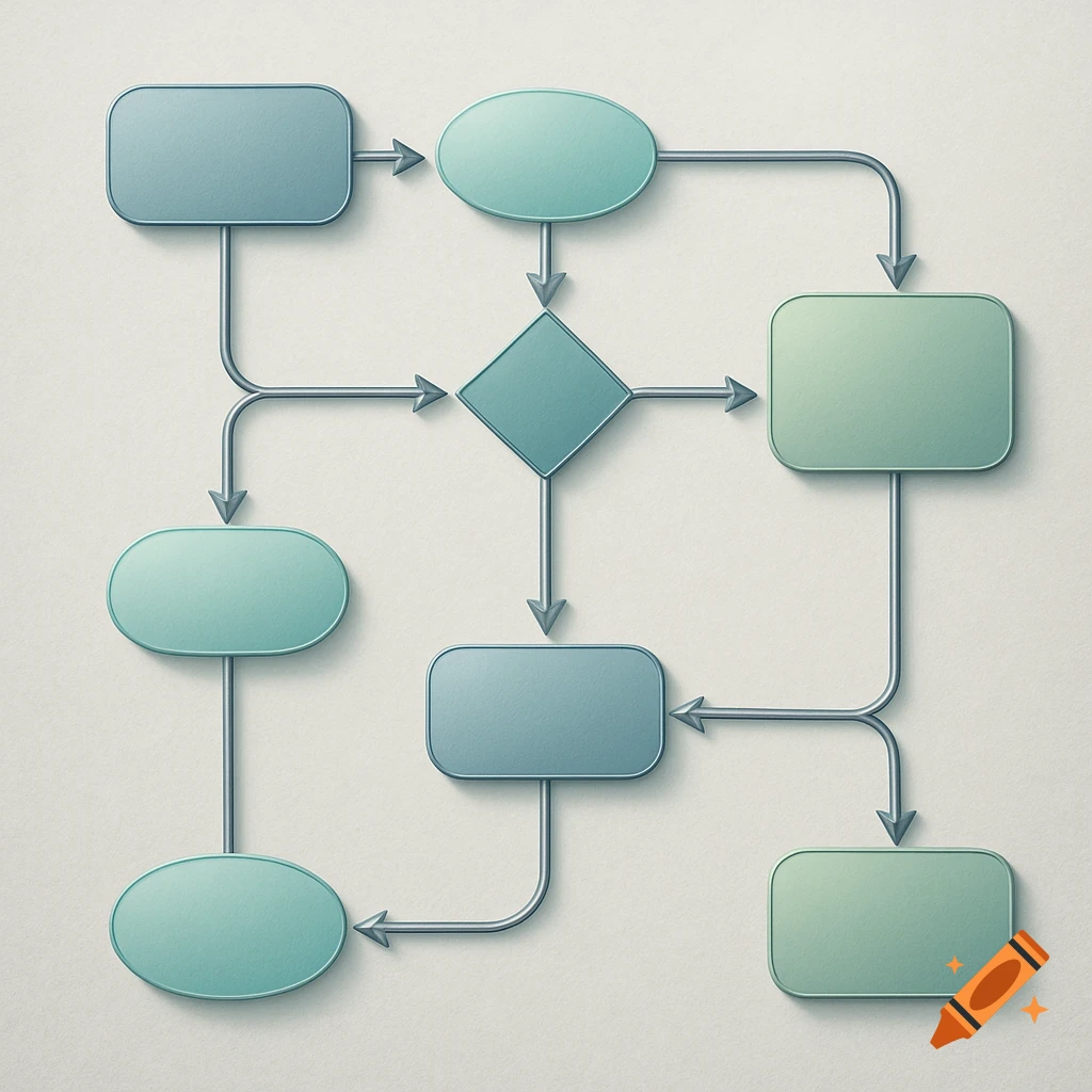 Stylized flowchart with interconnected rectangular, oval, and diamond shapes in teal and blue on a light textured background.