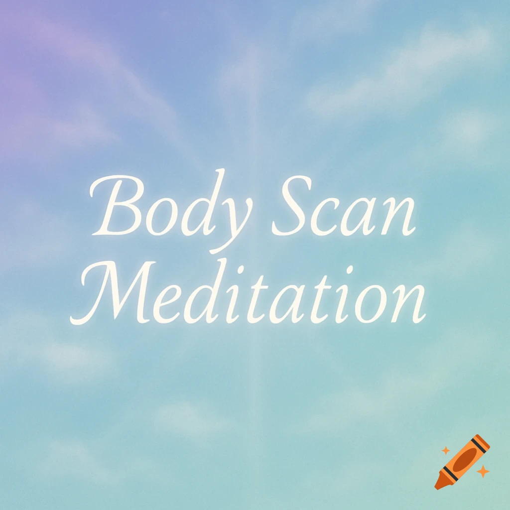 White script text 'Body Scan Meditation' centered on a soft pastel gradient sky with faint clouds.