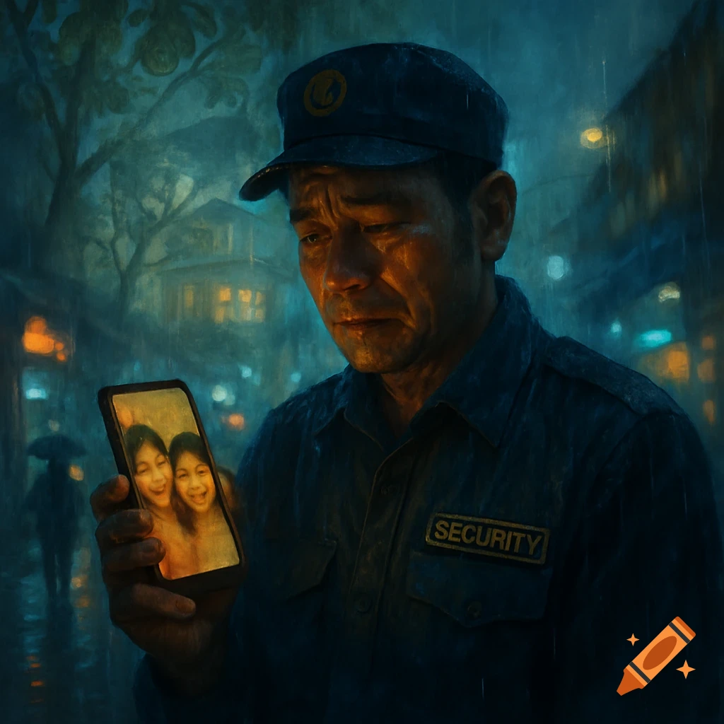 A crying security guard in the rain at night holds a phone showing his daughters, with an urban background.